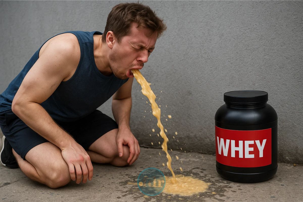 Um rapaz vomitando depois de ingerir um Whey proibido pela Anvisa