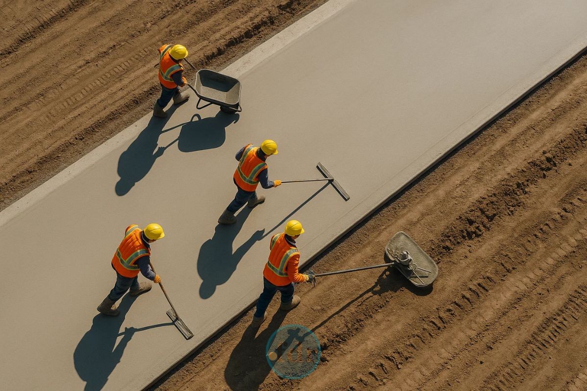 Pessoas construindo estrada de concreto ao invés de asfalto