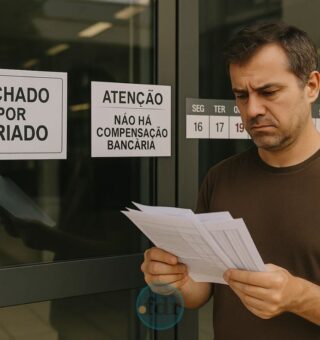 Um rapaz com documento na mão não sabia que os Bancos param de funcionar no feriado