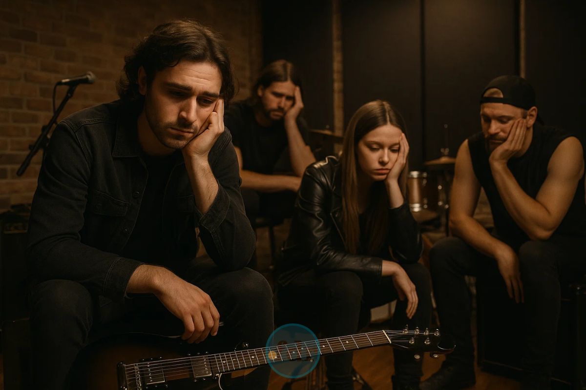 Banda de Rock Lendária triste no estúdio