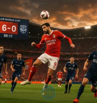 Jogador do Benfica cabeceando uma bola no estádio de futebol