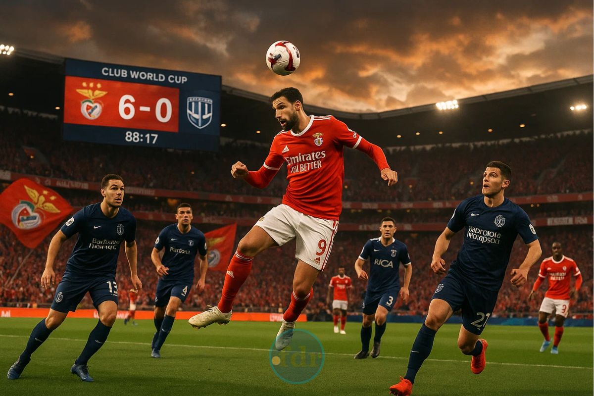 Jogador do Benfica cabeceando uma bola no estádio de futebol
