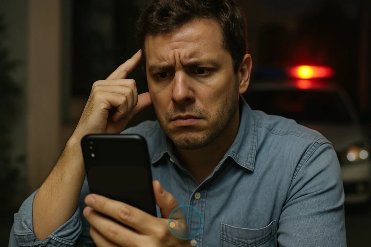 Um rapaz assustado com o bloqueio remoto de celular roubado