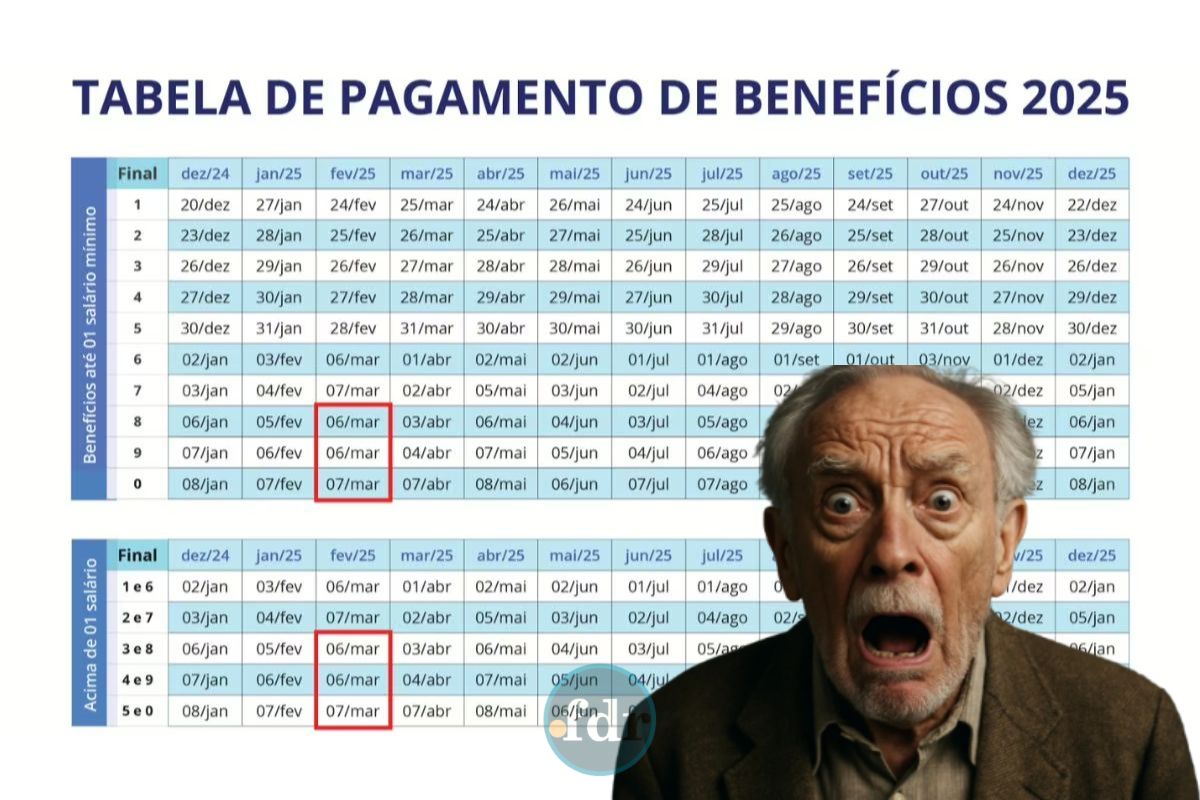 Um senhor preocupado com o calendário INSS ao fundo