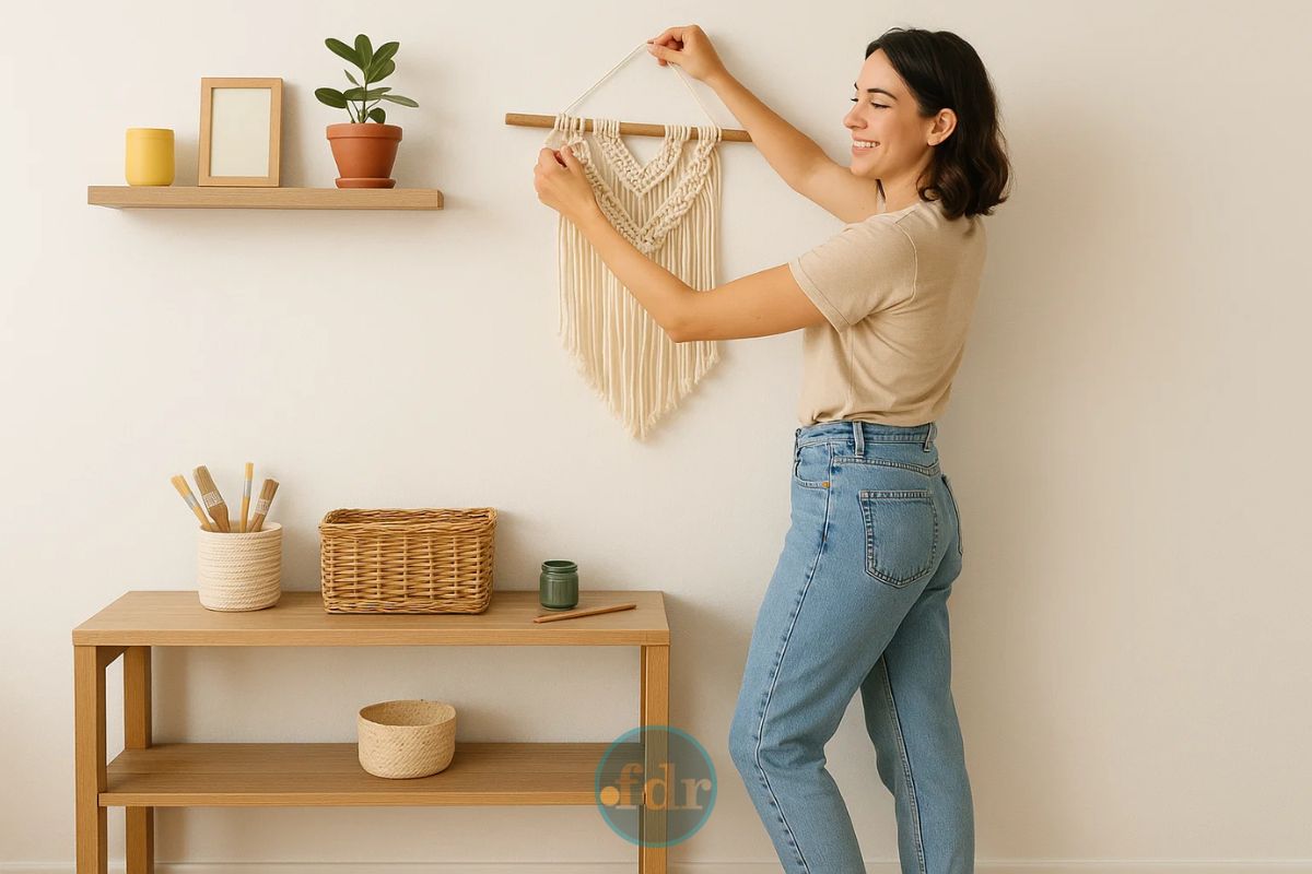 Uma mulher decorando sua casa sem gastar