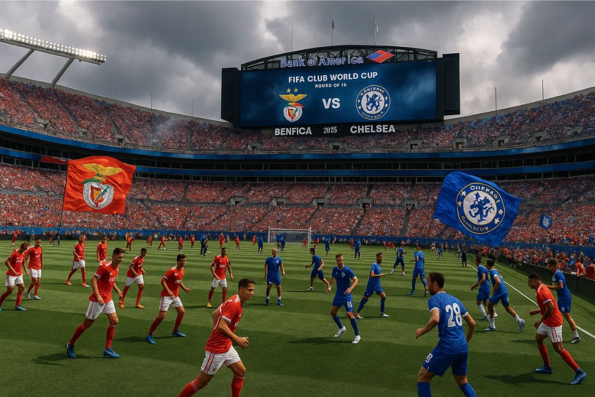 jogadores do Chelsea e Benfica no campo