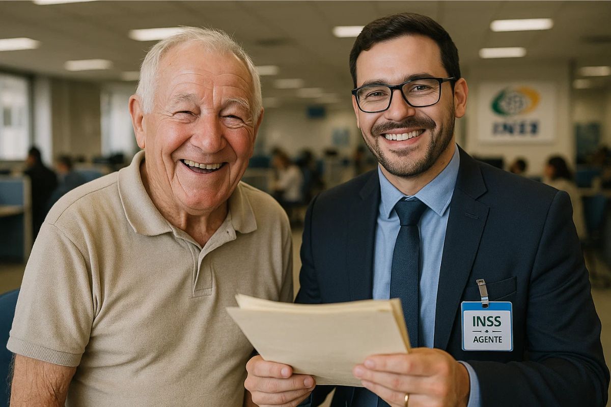 Um senhor ao lado de um agente do INSS após ver Como receber 1 salário mínimo do Governo em 2025