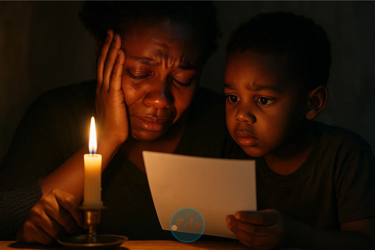 Uma mãe chora ao lado do seu filho vendo que a conta de luz vai subir
