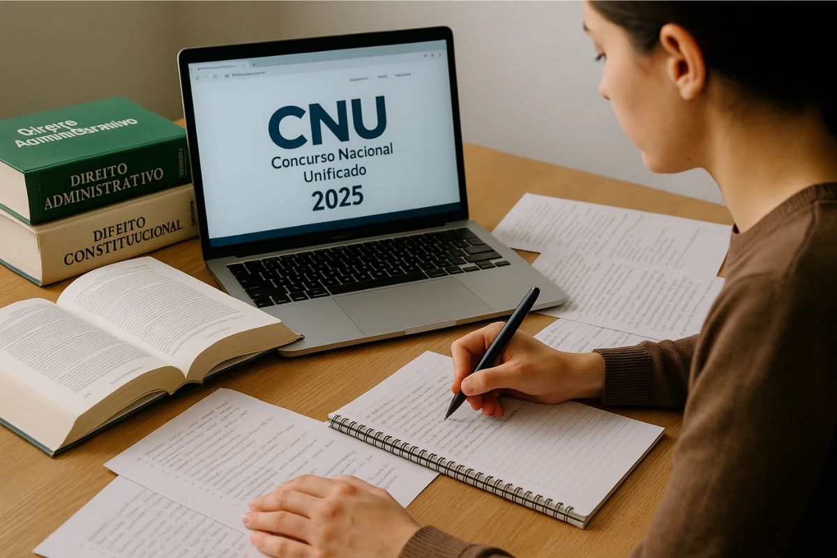 Uma mulher estudando em casa para o Edital CNU 2025