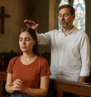 Uma pessoa transmitindo energia a outra através do passe magnético dentro da igreja