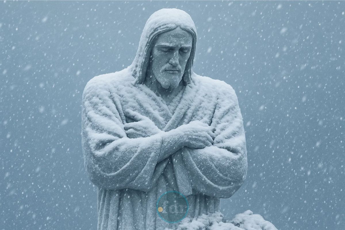 Cristo Redentor de braços cruzados, coberto de neve, depois que essa cidade do RJ nevou