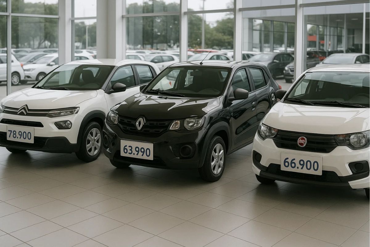 Fiat Mobi e Renault Kwid ao lado de um Citroën C3