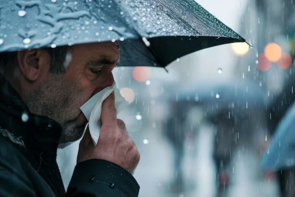 Um homem em meio a frente fria e chuva 