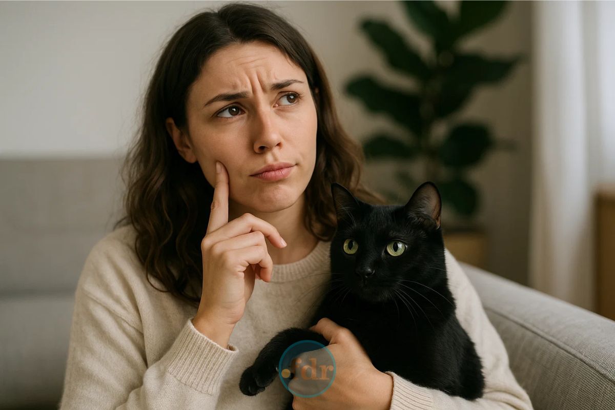Uma mulher pensando no nome do seu Gato Preto