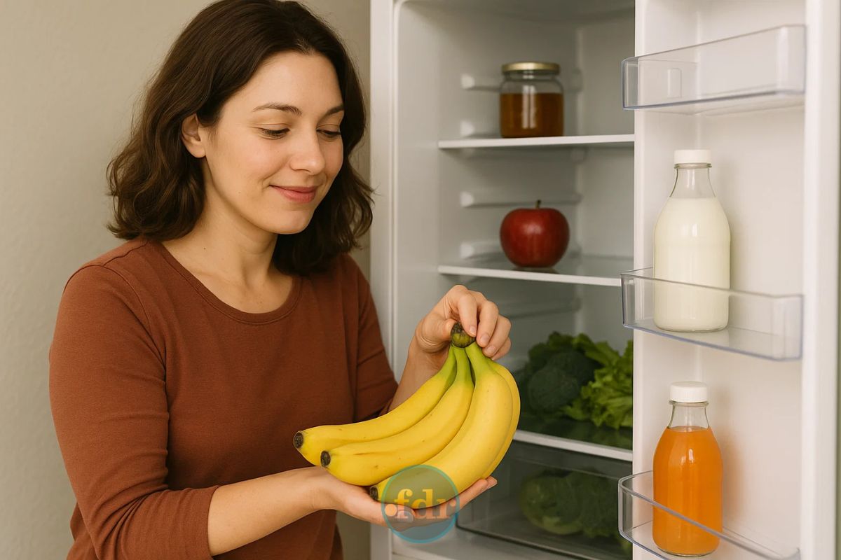 Uma mulher que aprendeu a guardar as bananas em frente à geladeira