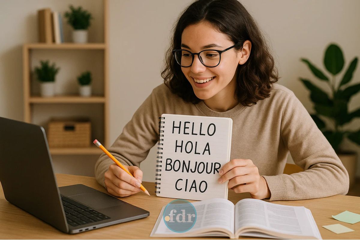 uma mulher estudando o idioma mais fácil de aprender