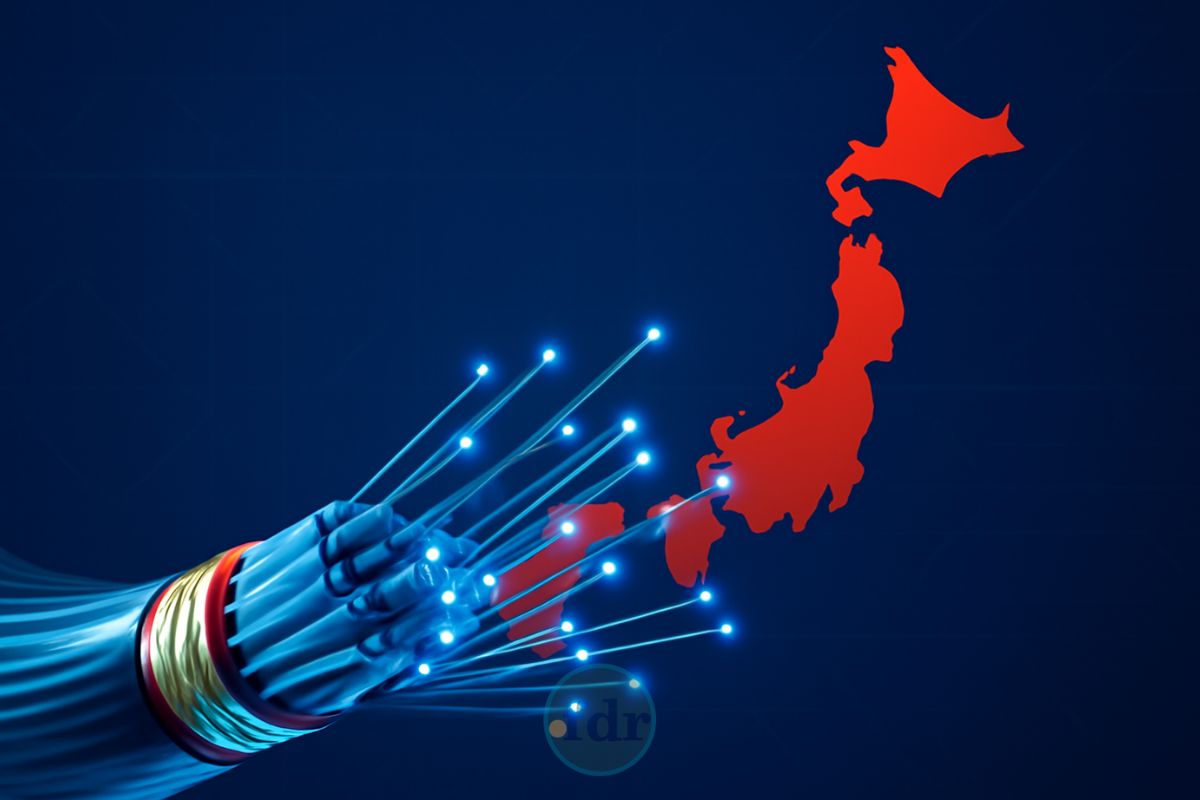 Imagem de um cabo e o mapa do Japão, ilustrando a Internet mais rápida do mundo
