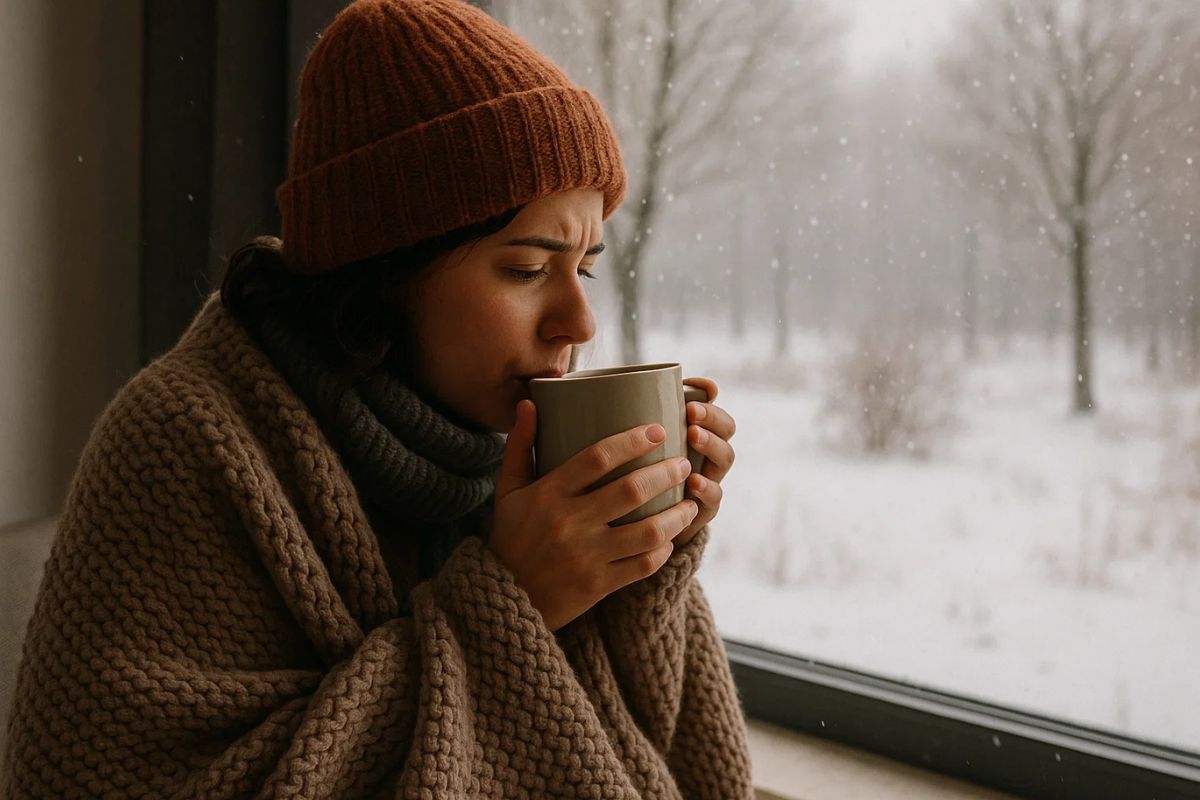 Uma mulher de toca e chá na janela vendo o INVERNO 2025 começar