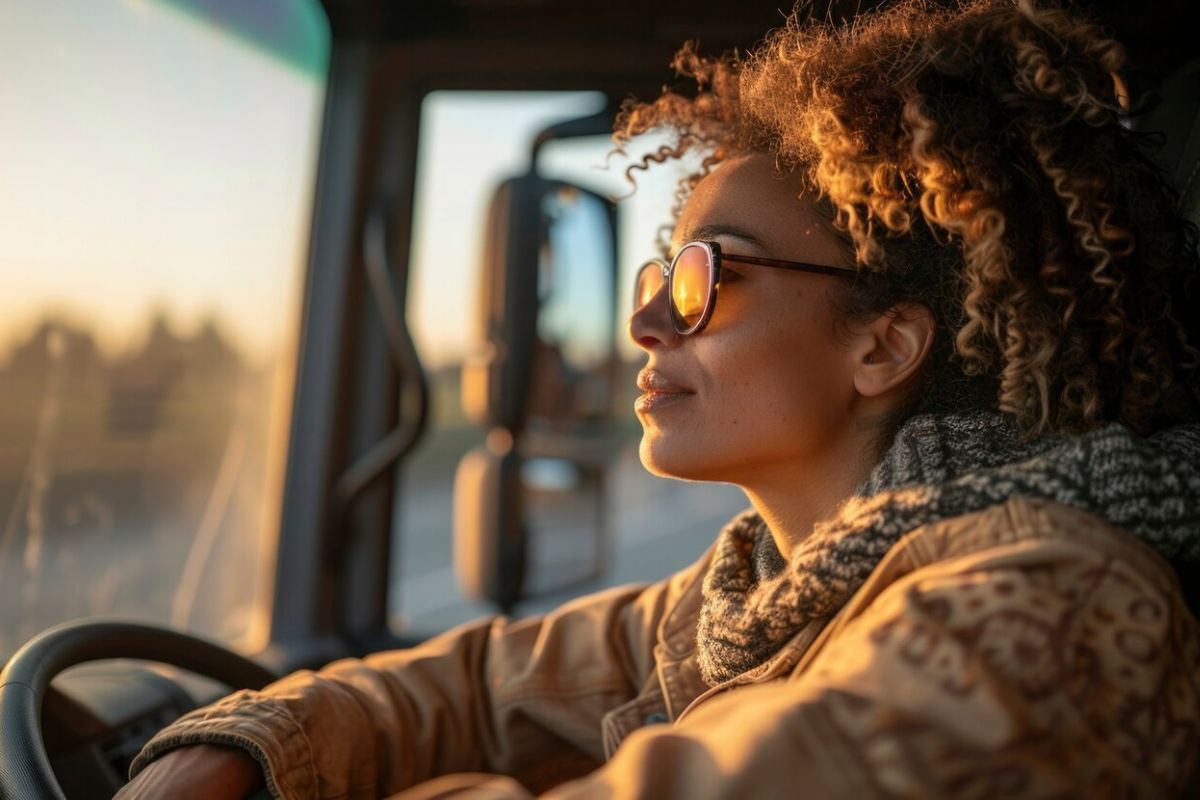 Uma motorista da maior viagem dê ônibus da América do Sul dentro da cabine do ônibus