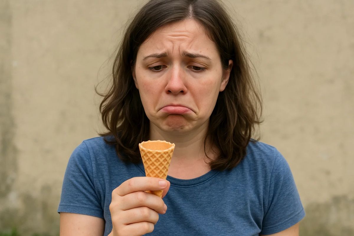 uma mulher triste com a casquinha vazia na mão depois do fim de uma Marca de sorvete 