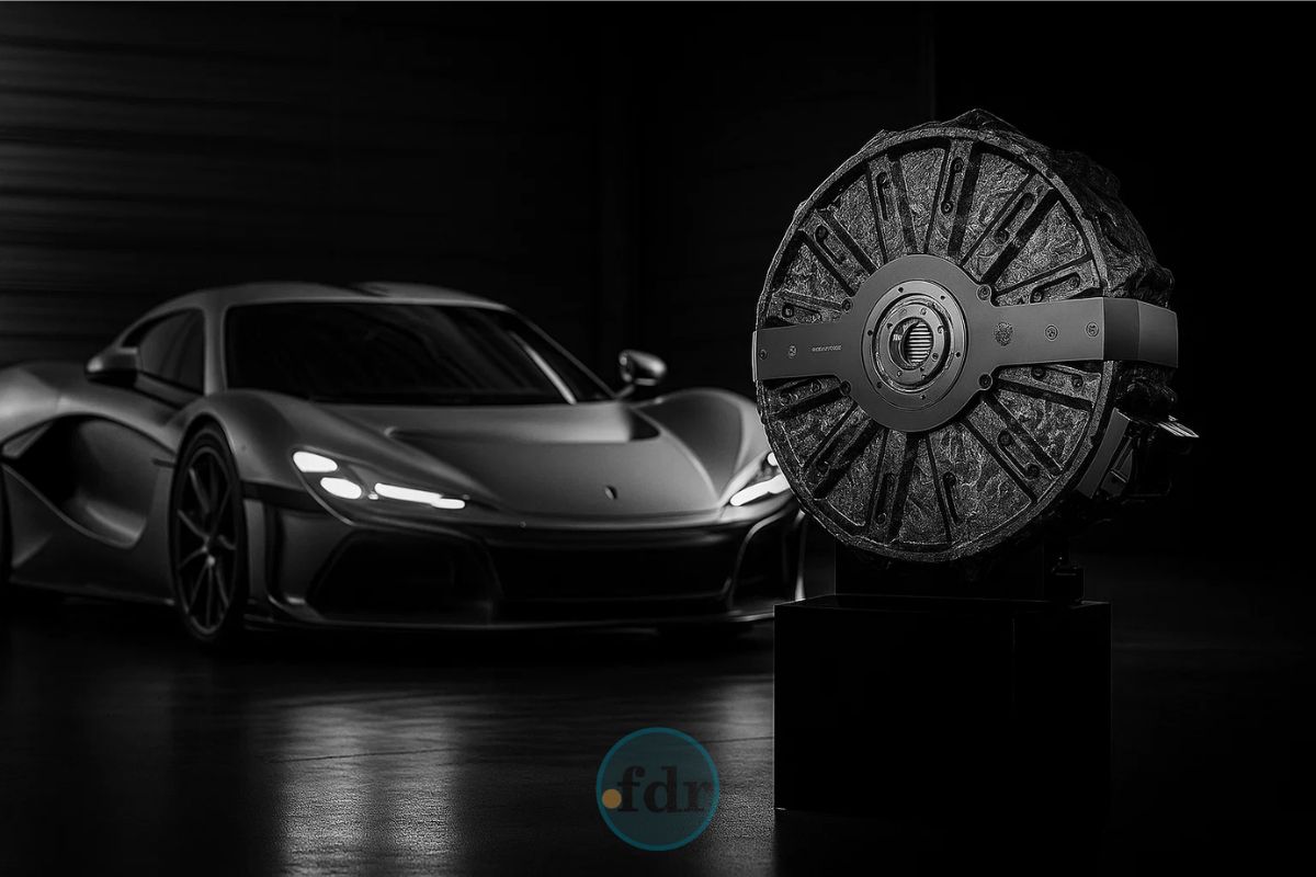 O motor elétrico, ao fundo um supercarro