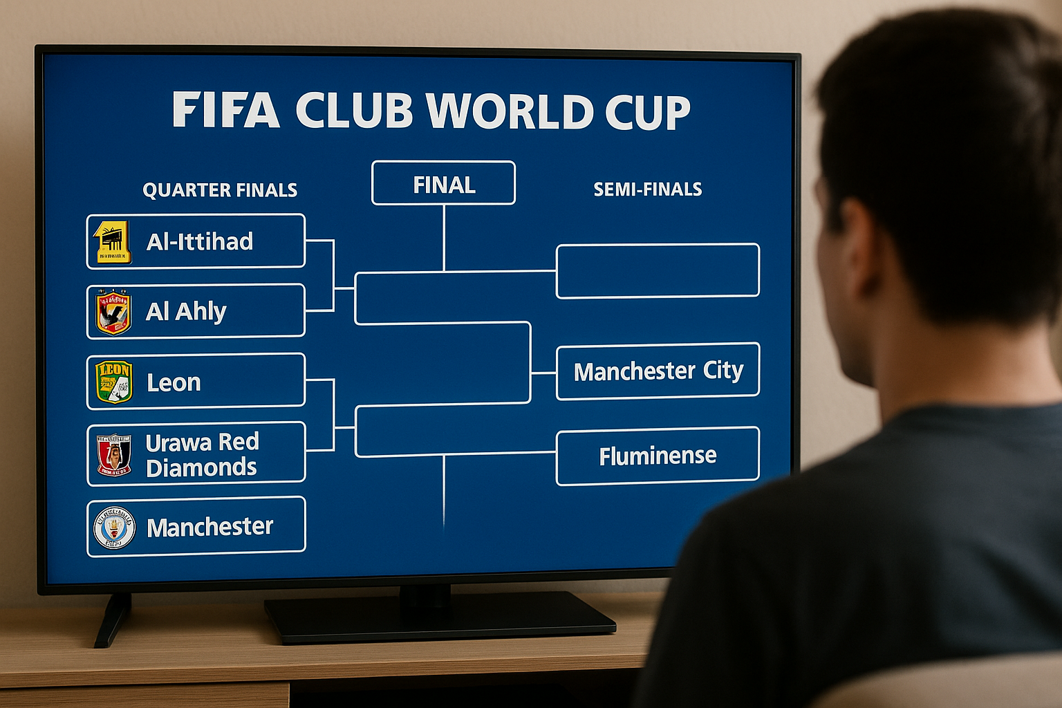 um rapaz vê a Tabela do Mundial de Clubes na televisão