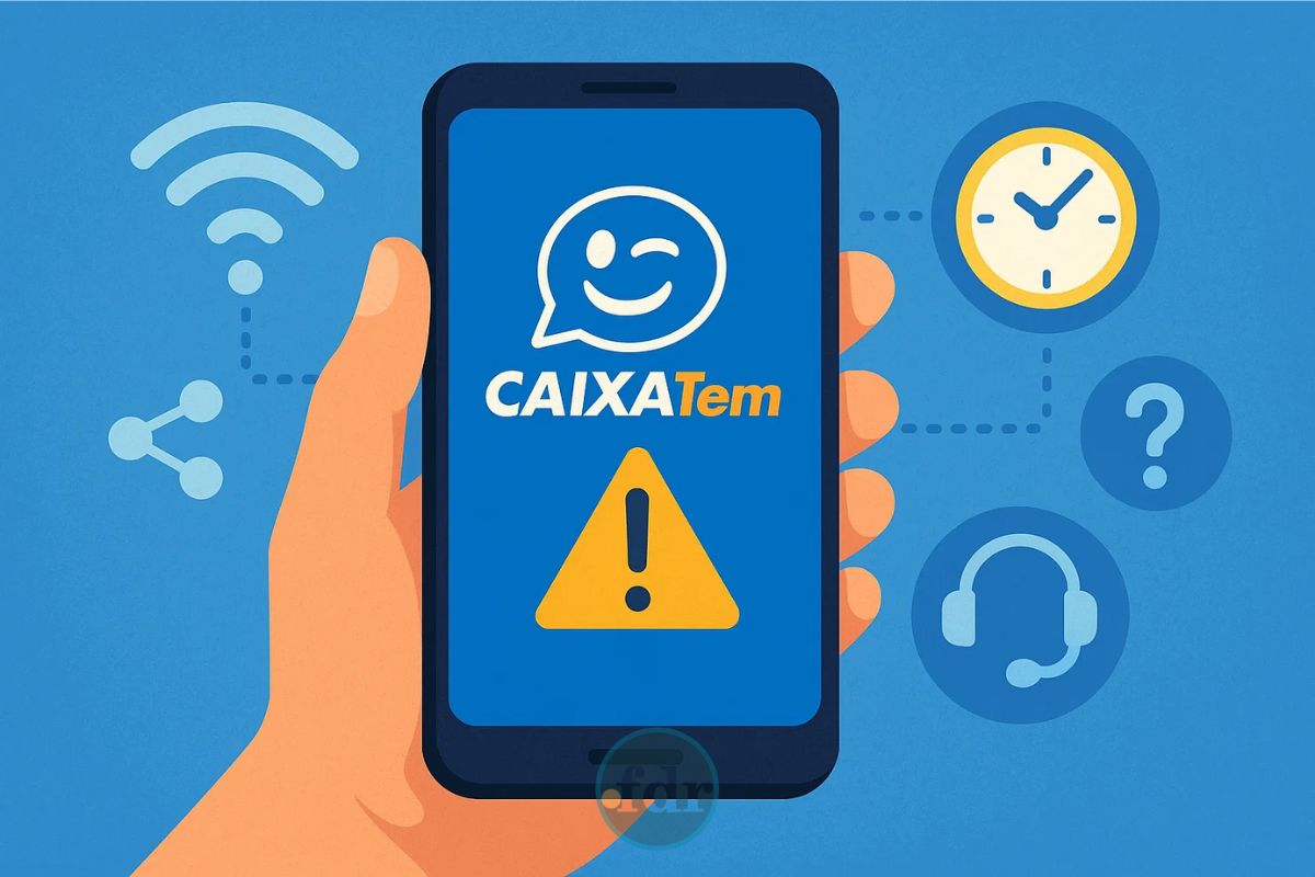 Uma ilustração da pessoa que passa pelo seguinte problema: "Não estou conseguindo acessar o Caixa Tem