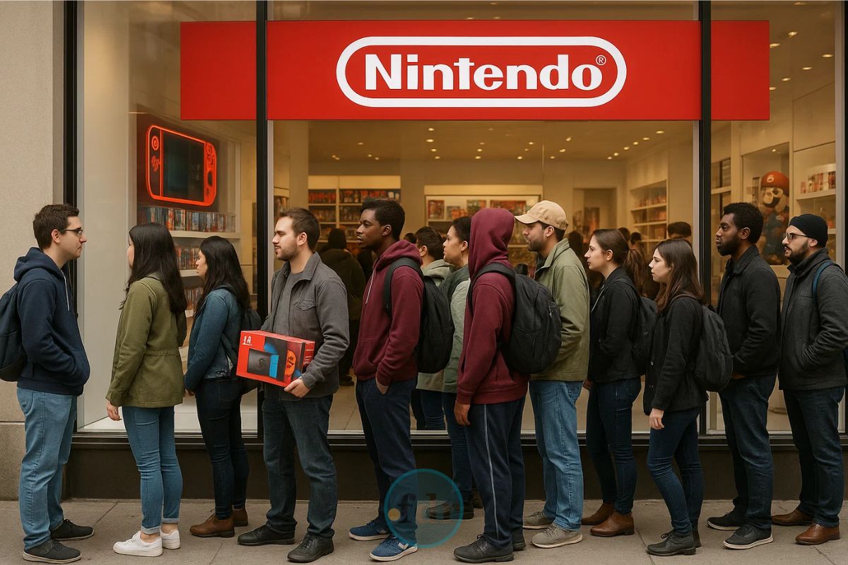 Pessoas fazendo fila em frente a loja da Nintendo