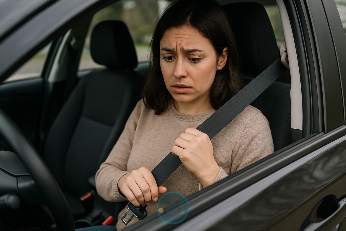 Uma mulher no carro preocupada com a Nova Lei para sinto de segurança