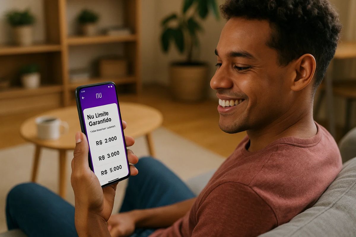 Um rapaz sorri com o aplicativo do Nubank aberto em seu celular