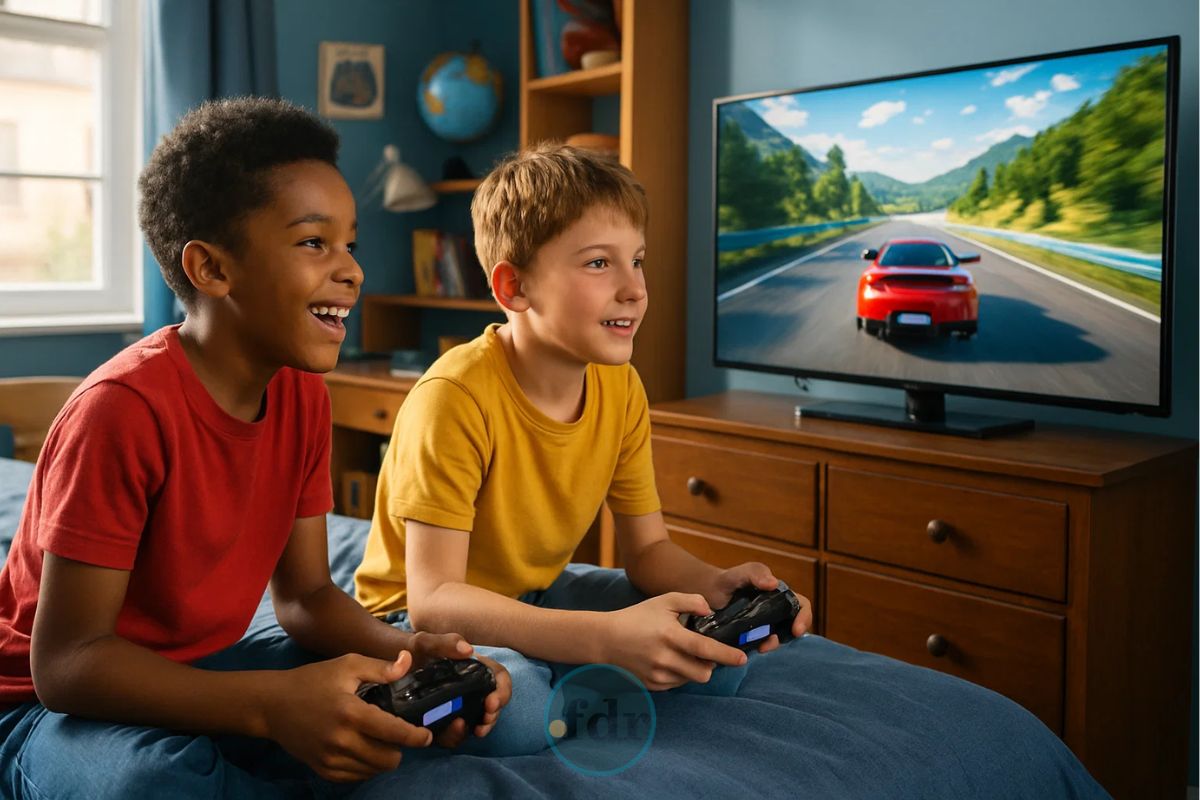 Dois jovens jogando O melhor jogo de carros de todos