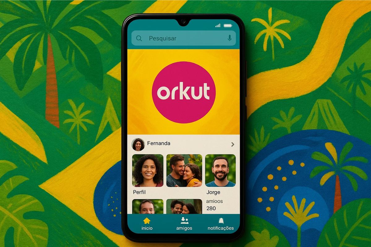 Ilustração de um celular aberto com o Orkut
