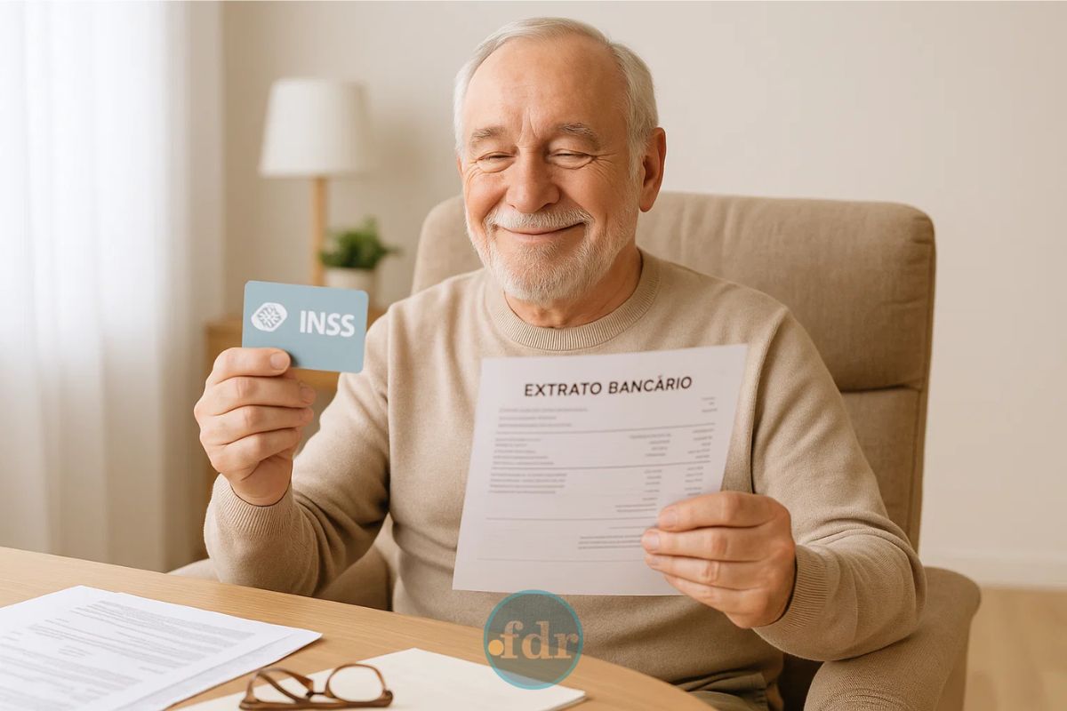 Um senhor feliz depois de receber o pagamento dos aposentados