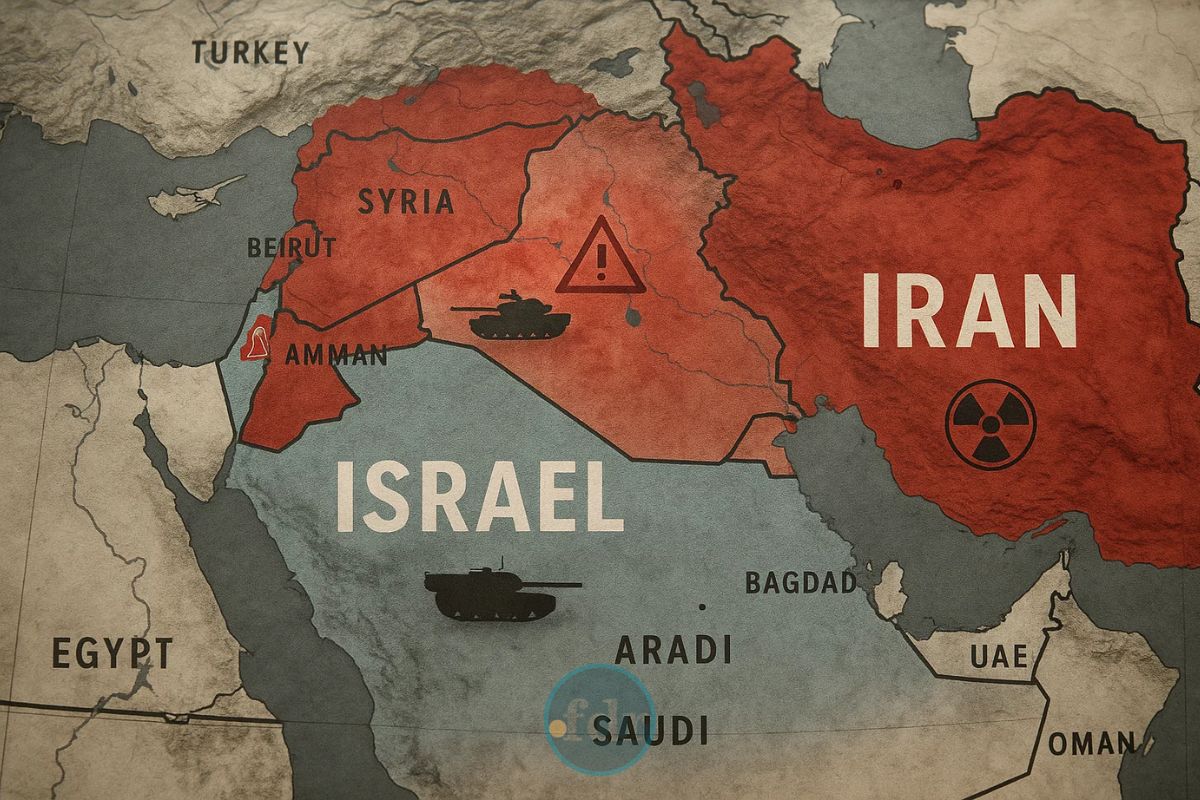 Ilustração de um mapa mostrando Por que Israel e Irã estão em Guerra