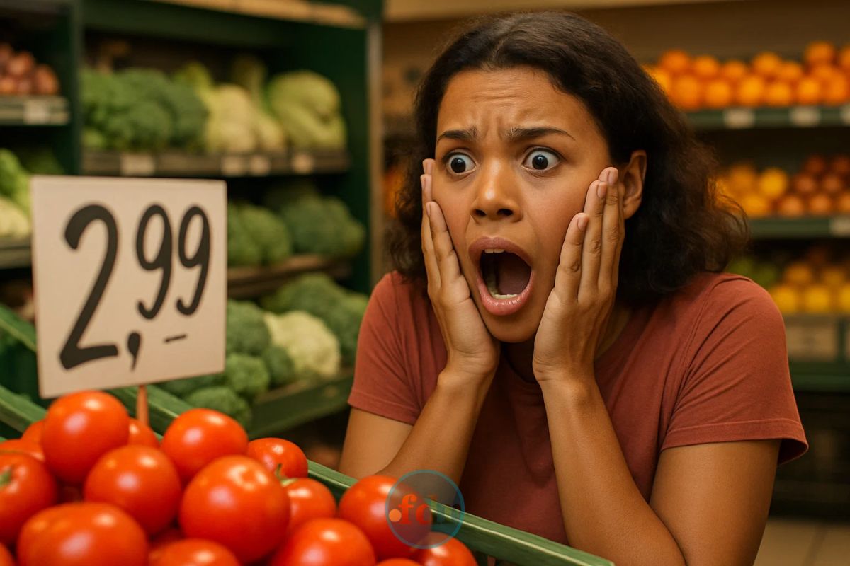 uma mulher assustada no mercado vendo os Alimentos que mais aumentaram de preço em 2025 