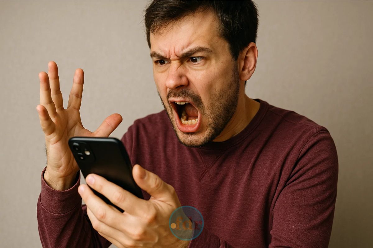 Uma pessoa irritada depois de ver qual é o celular que mais trava
