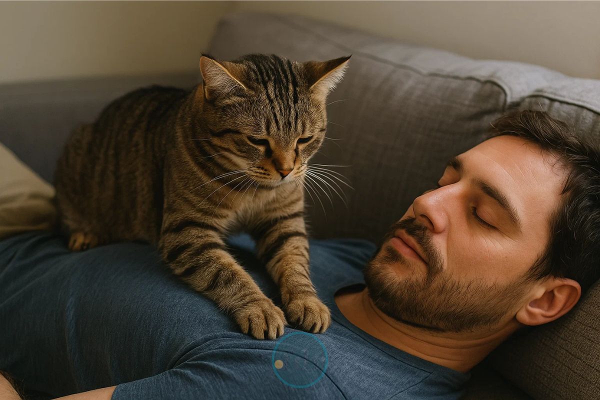 Um homem deitado no sofá quando o gato amassa pãozinho em você