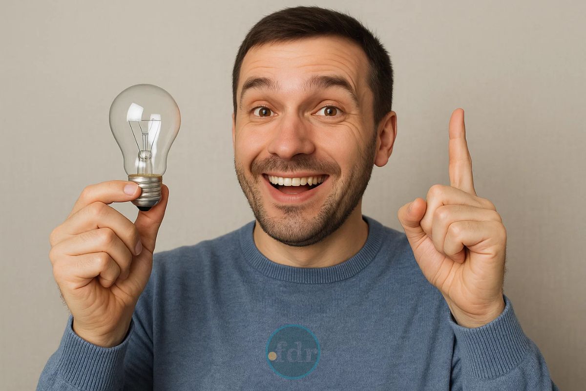 Uma pessoa que Quer gastar menos na conta de energia segura uma lâmpada e levanta o dedo indicador da outra mão