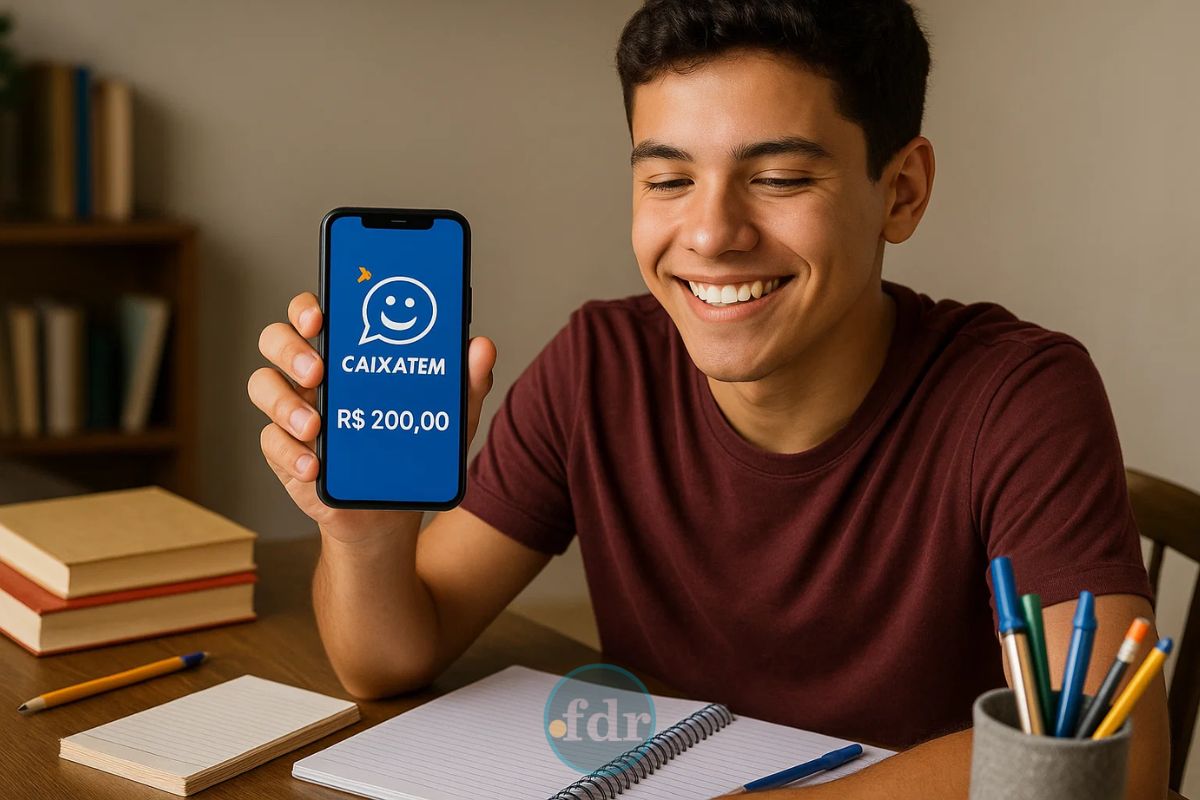 Um jovem feliz porque ganhou R$ 200,00 no Caixa TEM
