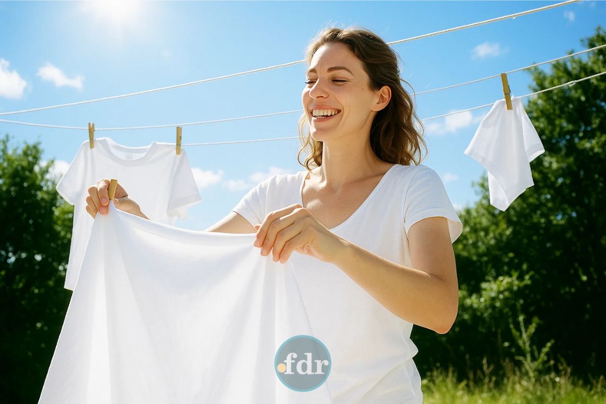Uma mulher estende suas roupas super brancas no varal em um dia de sol