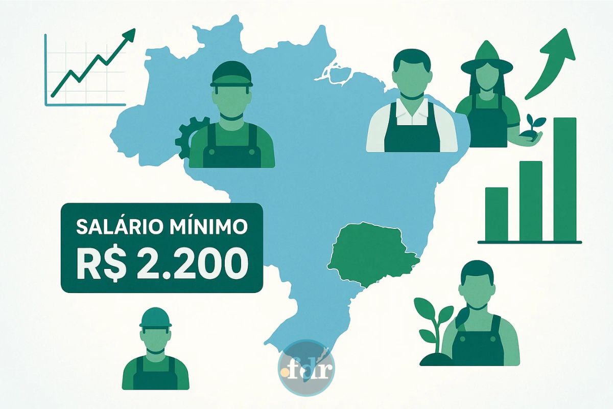 Uma ilustração do mapa de um local com salário mínimo de R$ 2.200 