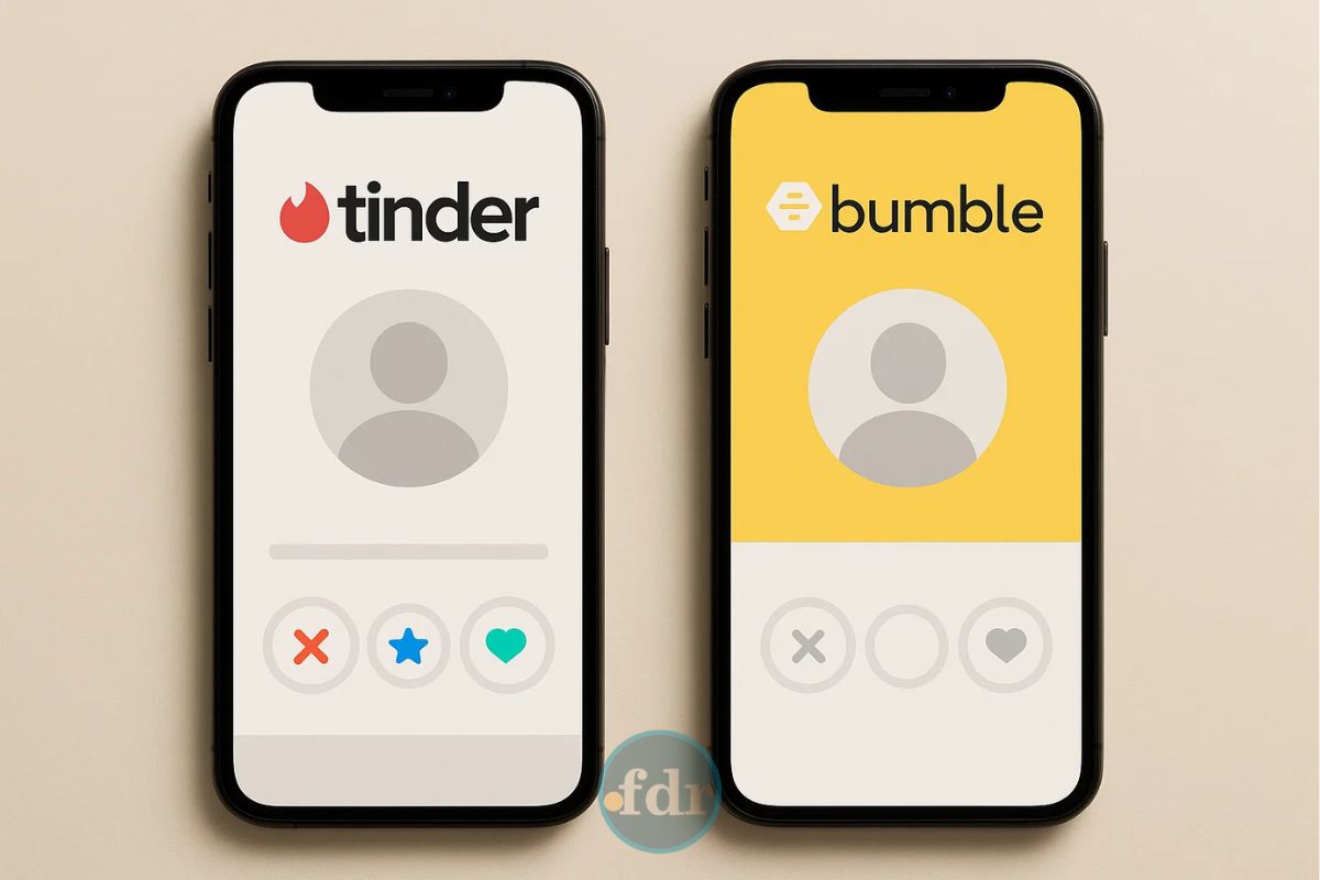 Imagem de tela dividindo dois celulares, um como Tinder x Bumble