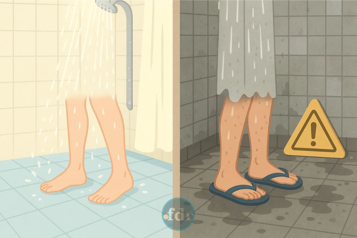 Ilustração sobre Tomar banho com ou sem chinelo