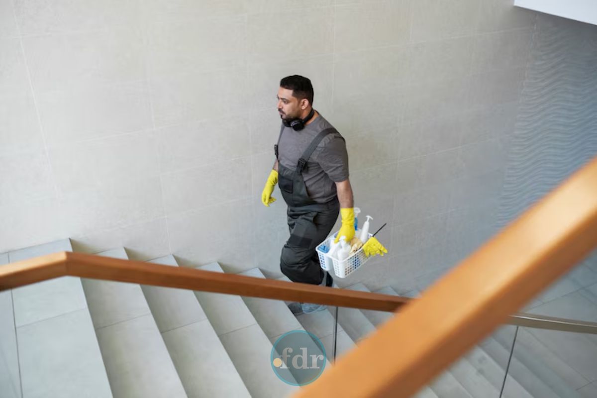 Um dos Trabalhadores CLT subindo escada com roupa de fazer faxina