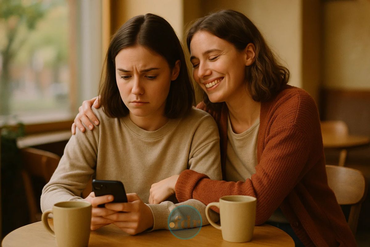 Uma amiga abraça a outra enquanto ela conversa com um amigo no celular