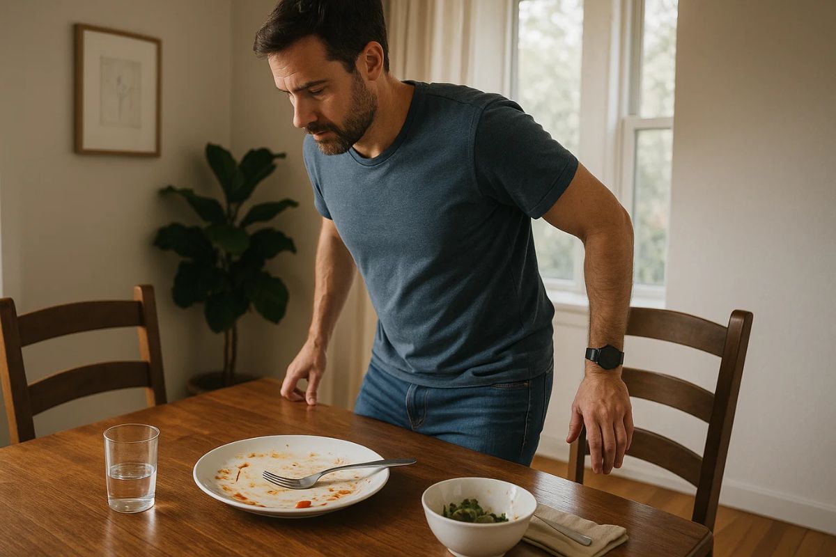 Um homem levantando da mesa com Um pouco de fome