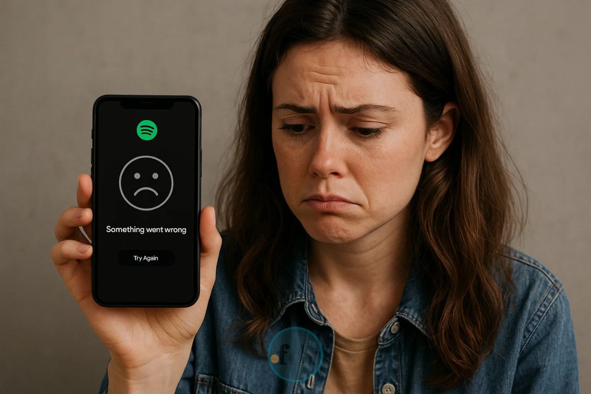 Uma mulher triste com o Spotify Fora do Ar