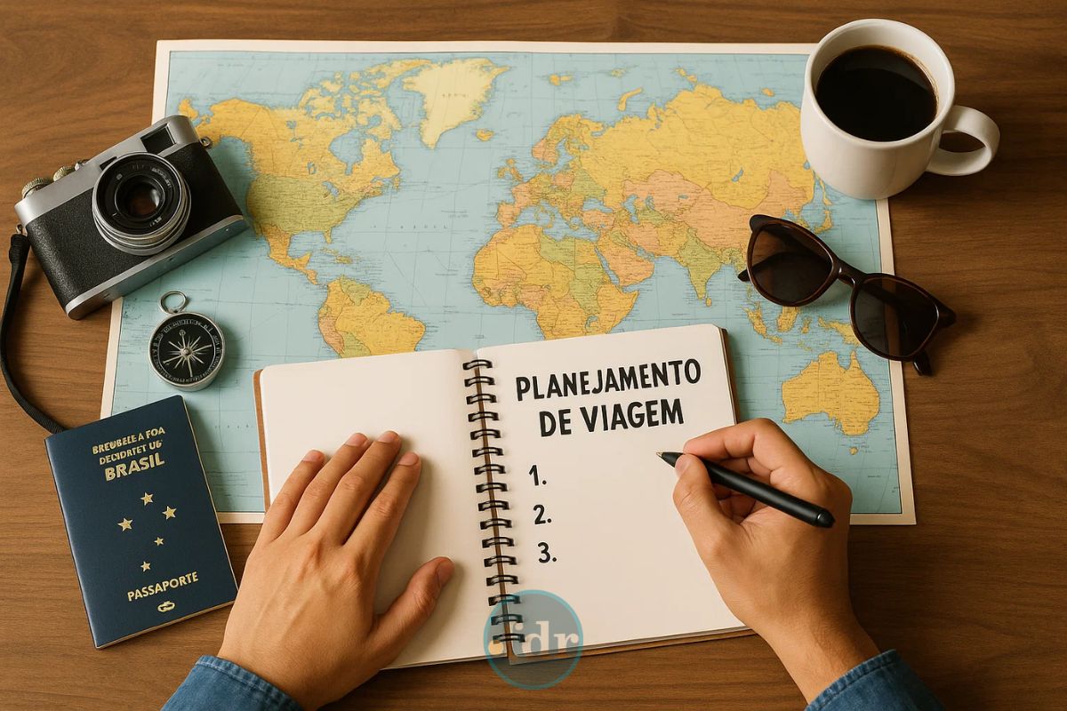 Mapa aberto na mesa, uma pessoa que Vai viajar nas férias faz anotações em seu caderno com uma caneta preta