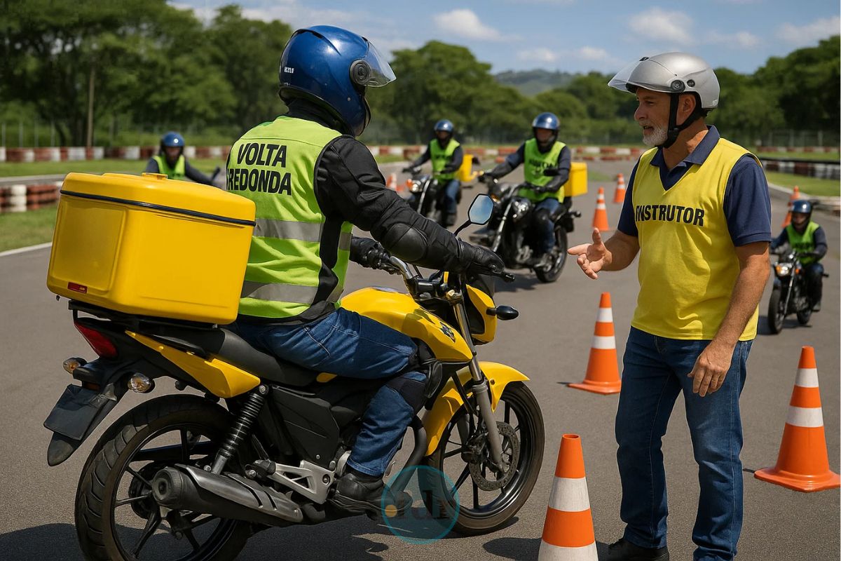 Um instrutor e motoboy de Volta Redonda na pista de teste