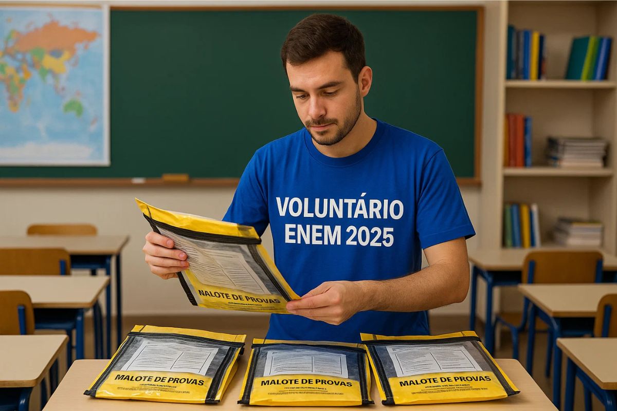 Um dos Voluntários do ENEM com o malote de provas na mão